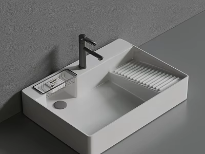 Modern White Bathroom Sink With Black Faucet Integrated Drainer And Gray Countertop 3d model