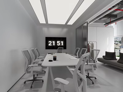 Modern Bright Public Office Area With Large Conference Table Ergonomic Chairs And Cozy Lounge Space 3d model