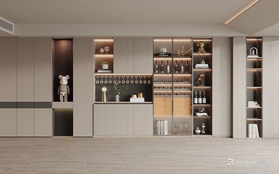 Modern Wine Cabinet With Wooden Finish And Glass Doors Displaying Wine Bottles Glassware And Decor 3d model 