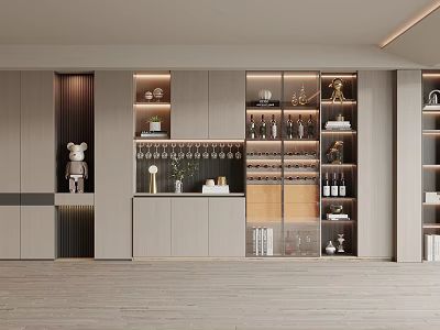 Modern Wine Cabinet With Wooden Finish And Glass Doors Displaying Wine Bottles Glassware And Decor 3d model