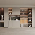 Modern Wine Cabinet With Wooden Finish And Glass Doors Displaying Wine Bottles Glassware And Decor