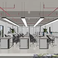 Modern Office Interior With Open Workspace Long Desks Computers Plants Hanging Lights And Windows