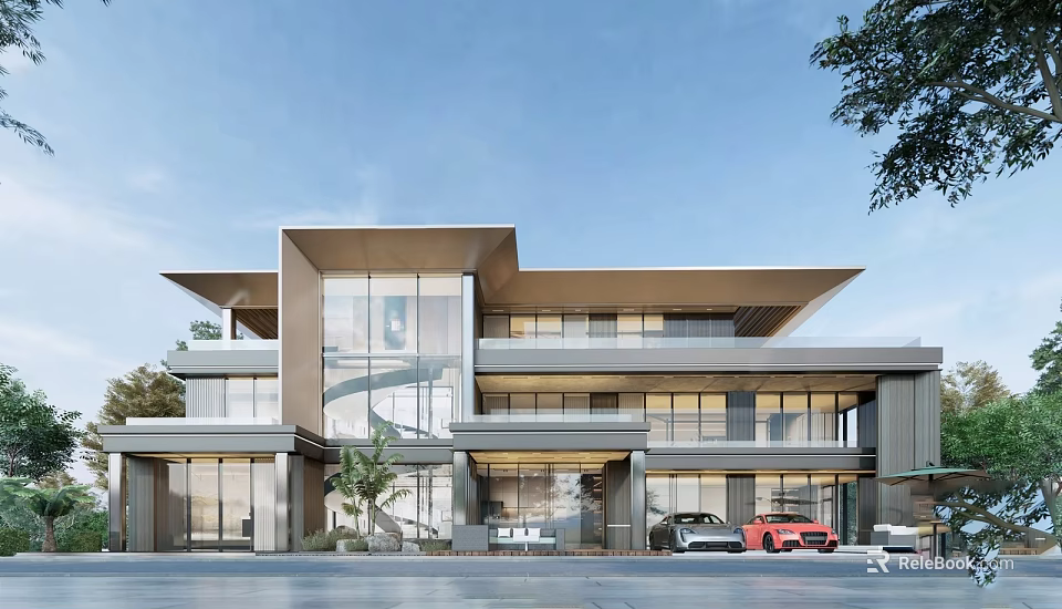Modern Detached Villa Architectural Design With Glass Facade Large Windows Driveway And Trees 3d model 