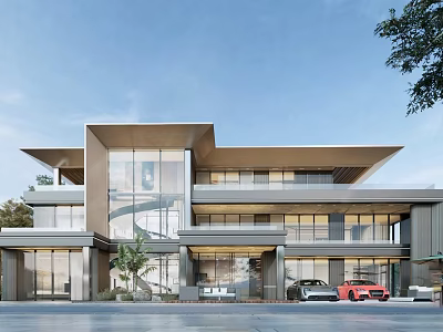 Modern Detached Villa Architectural Design With Glass Facade Large Windows Driveway And Trees 3d model