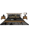 Modern Wooden Double Bed Interior With Dark Bedding Bedside Tables Table Lamp And Side Table