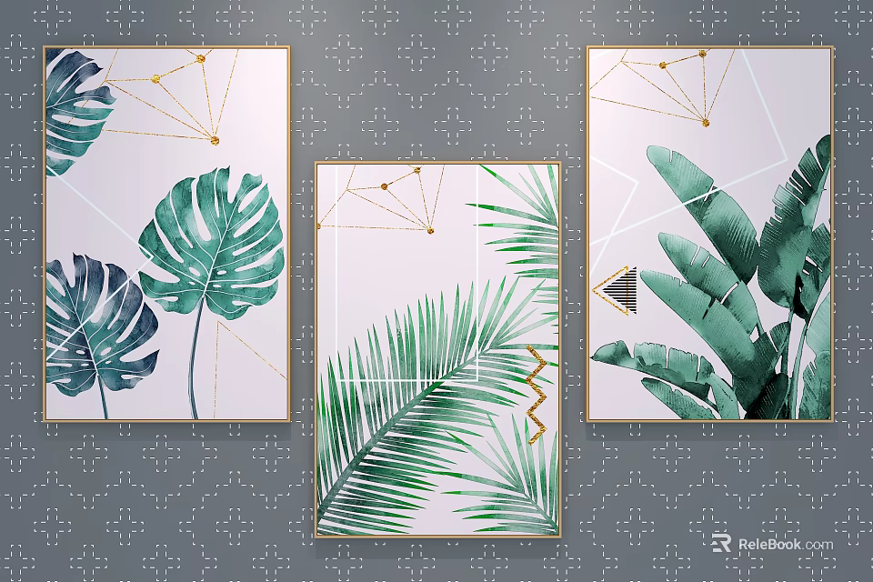Tropical Plant Paintings With Golden Frames And Geometric Patterns On Gray Wall 3d model