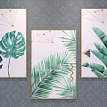 Tropical Plant Paintings With Golden Frames And Geometric Patterns On Gray Wall 3d model