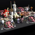 Festive Dinnerware Set With Decorative Candles Cutlery Plates Mugs And Dessert Table Setting