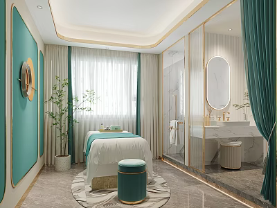 Elegant Luxury Beauty Room Interior With Treatment Bed Round Mirror And Green Curtains 3d model