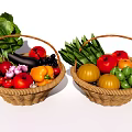 Two Woven Baskets Filled With Fresh Assorted Vegetables Including Tomatoes Eggplants And Leafy Greens