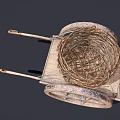 Rustic Vintage Wooden Cart Featuring Wicker Basket and Large Spoked Wheels