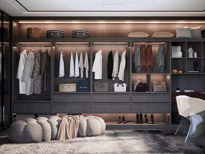 Modern Walk in Closet Interior With Hanging Clothes Storage Cabinets Handbags And Shoes 3d model