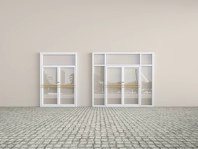 Double Doors with White Frame and Glass Panels in Light Colored Wall Brick Floor Space 3d model