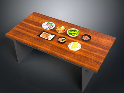 Assorted Fresh Food Dishes Arranged On Wooden Table With Vegetables Meat And Sides 3d model