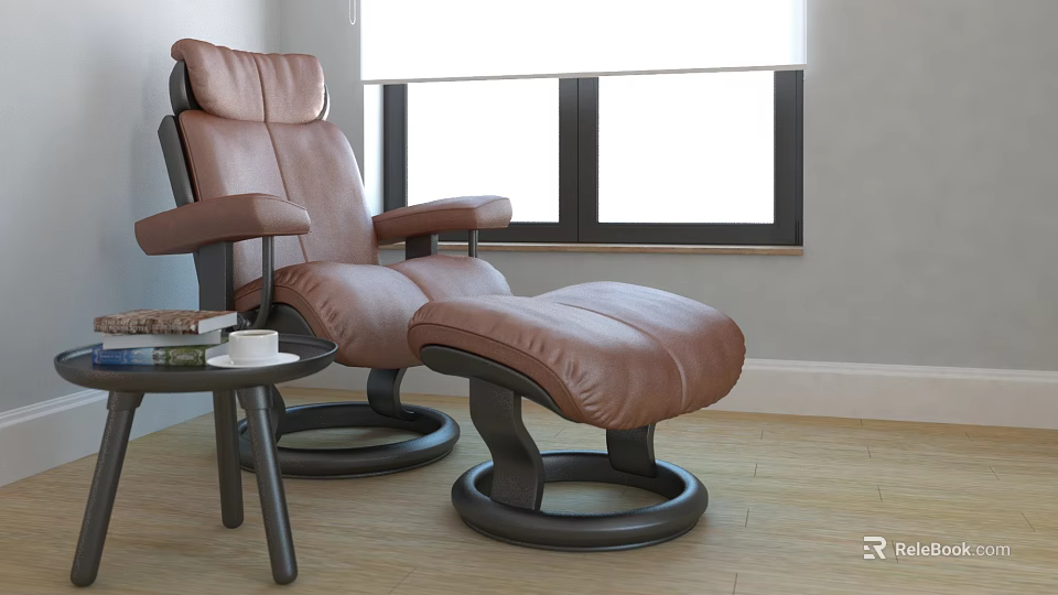 Single Brown Leather Sofa With Ottoman Black Base Side Table And Natural Light Wooden Floor 3d model 