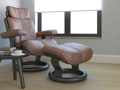 Single Brown Leather Sofa With Ottoman Black Base Side Table And Natural Light Wooden Floor 3d model
