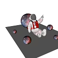 Astronaut Sitting Near Glowing Colorful Planets With Reflective Surface In Space