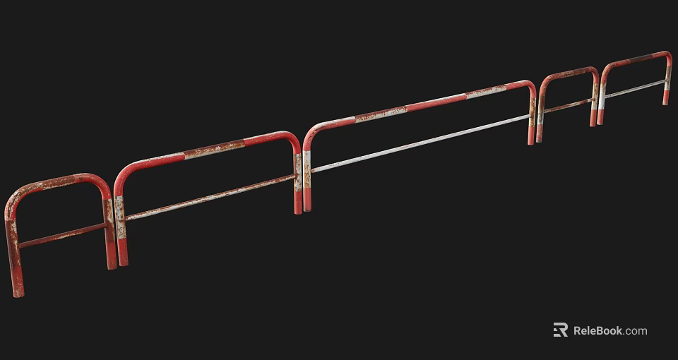Red Metal Safety Fence with Horizontal Rails and Vertical Support Posts 3d model 