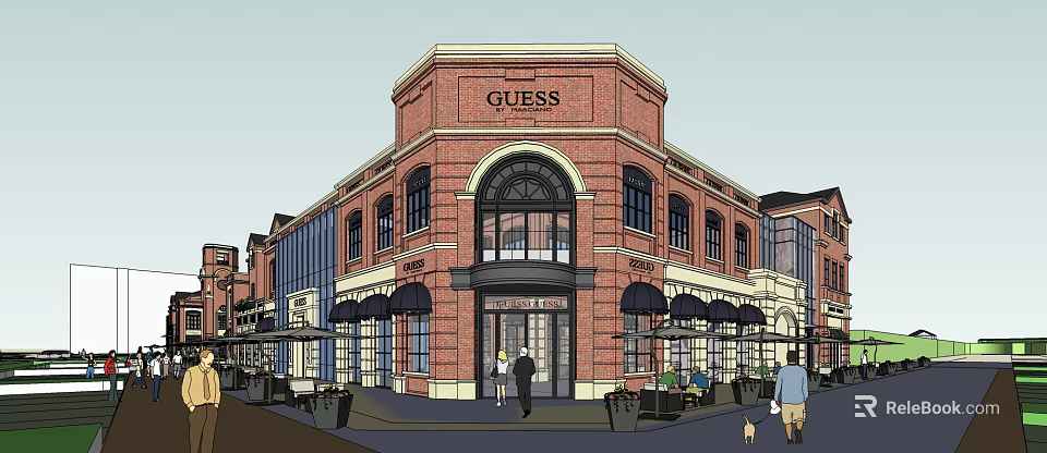 Vibrant Commercial Street Featuring Guess Store Red Brick Building Large Windows And Pedestrian Area 3d model 