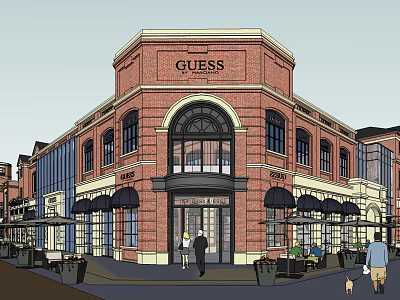 Vibrant Commercial Street Featuring Guess Store Red Brick Building Large Windows And Pedestrian Area 3d model