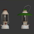 Vintage Kerosene Lamps With Red Top Green Shade And Metallic Structure On Black Reflective Surface