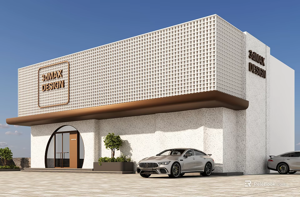 Modern Storefront Facade Design With Perforated Panel Wall Brass Trim And Arched Glass Entrance 3d model 