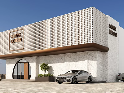 Modern Storefront Facade Design With Perforated Panel Wall Brass Trim And Arched Glass Entrance 3d model