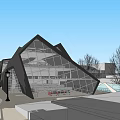 Modern Office Building Featuring Geometric Design Glass Facade Open Plaza And Street Lamps