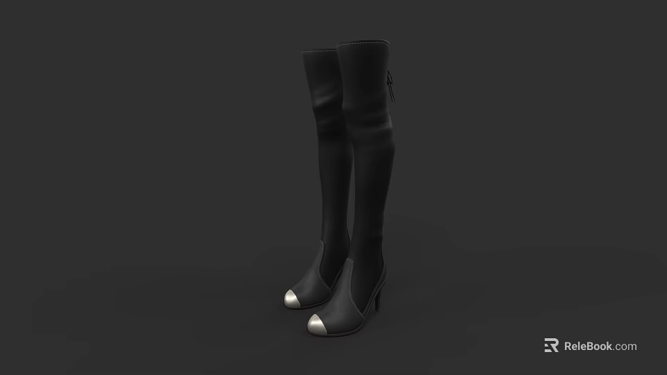 Women's Black Over The Knee High Heel Boots With Metallic Toe Details 3d model 