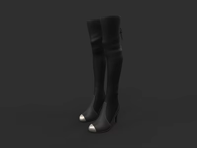 Women's Black Over The Knee High Heel Boots With Metallic Toe Details 3d model