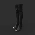 Women's Black Over The Knee High Heel Boots With Metallic Toe Details