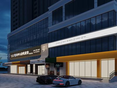 Modern Commercial Building Exterior With Glass Curtain Walls Storefronts And Parked Cars 3d model