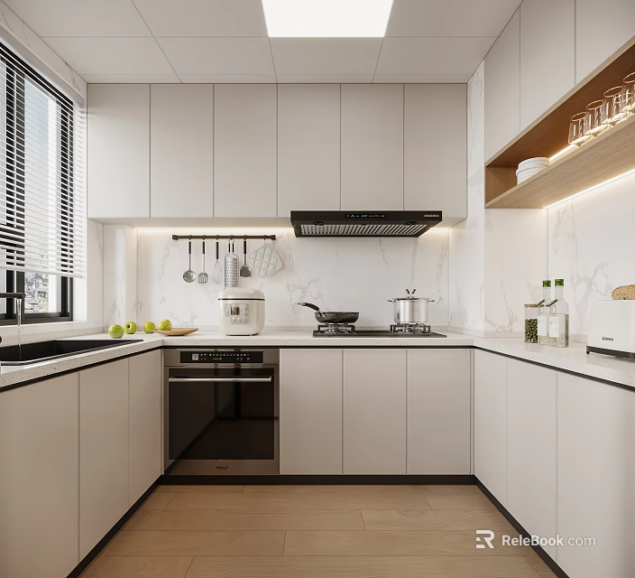 Modern Kitchen Interior With White Cabinets Range Hood Gas Stove Sink And Hanging Utensils 3d model 