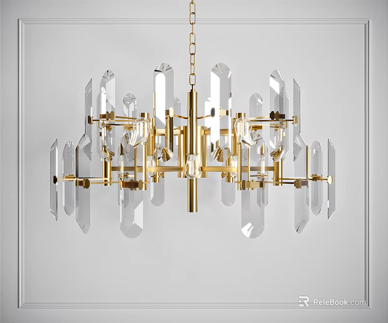 Elegant Modern Chandelier With Golden Frame And Transparent Glass Elements In Contemporary Design 3d model 