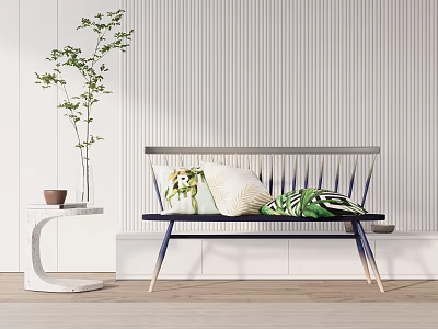 Modern Leisure Chair with Side Table Green Plant and Striped Wall in Home Decor 3d model