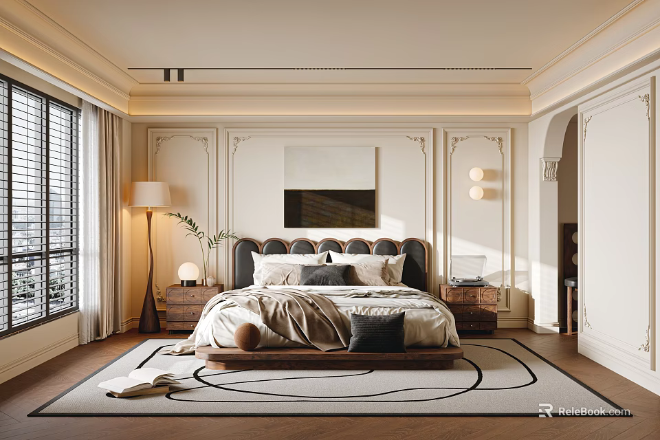 Elegant Modern Bedroom Interior With Upholstered Headboard Bedside Tables Floor Lamp And Area Rug 3d model 