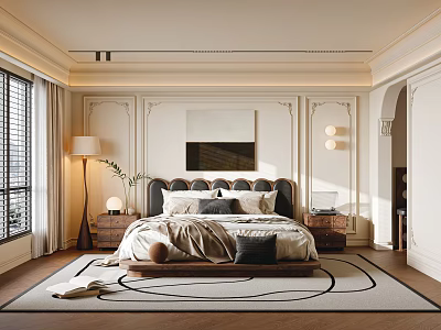 Elegant Modern Bedroom Interior With Upholstered Headboard Bedside Tables Floor Lamp And Area Rug 3d model