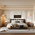 Elegant Modern Bedroom Interior With Upholstered Headboard Bedside Tables Floor Lamp And Area Rug