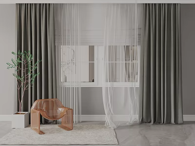 Gray Thick Curtains With Sheer Layer For Modern Window Interior With Chair And Plant 3d model