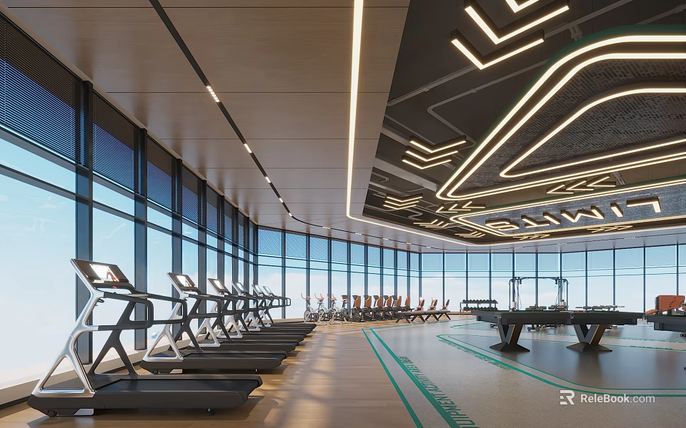 Spacious Modern Fitness Gym With Treadmills Large Windows And Bright Workout Area 3d model 