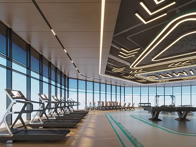 Spacious Modern Fitness Gym With Treadmills Large Windows And Bright Workout Area 3d model