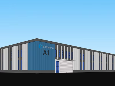 Industrial Factory Building With Blue White Exterior Windows And A1 Label 3d model