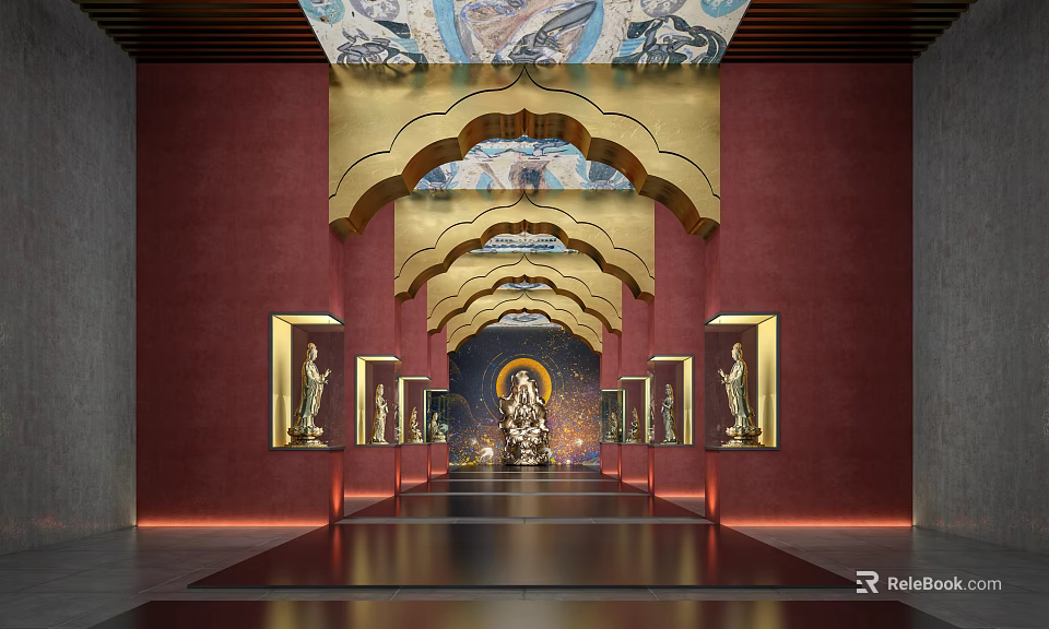 Buddhist Exhibition Hall with Red Walls Golden Arch Murals Buddha Statues Central Main Buddha Statue 3d model 