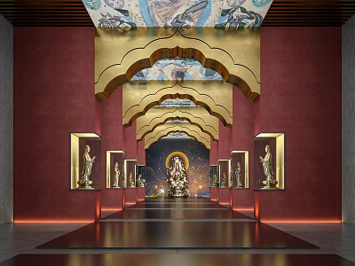 Buddhist Exhibition Hall with Red Walls Golden Arch Murals Buddha Statues Central Main Buddha Statue 3d model