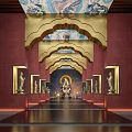 Buddhist Exhibition Hall with Red Walls Golden Arch Murals Buddha Statues Central Main Buddha Statue