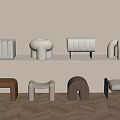 Minimalist Modern Furniture Display With Decorative Objects And Stylish Stools On Herringbone Wooden Floor