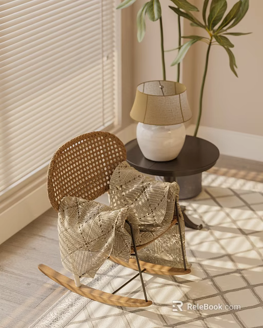 Wicker Accent Chair With Cozy Blanket And Side Table Lamp In Sunlit Room Through Blinds 3d model 