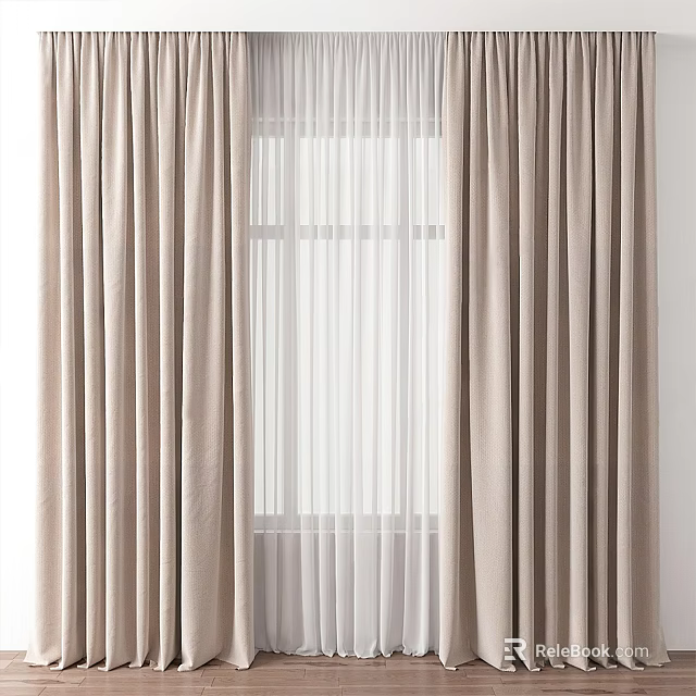 Beige Curtains With Elegant Drapery And Sheer Panels For Home Window Decor 3d model 