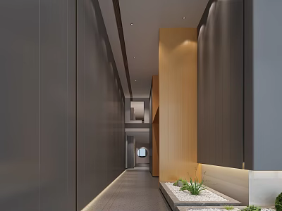 Modern Elevator Hallway Interior With Dark Walls Recessed Lighting Gray Floor And Plants 3d model