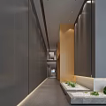 Modern Elevator Hallway Interior With Dark Walls Recessed Lighting Gray Floor And Plants